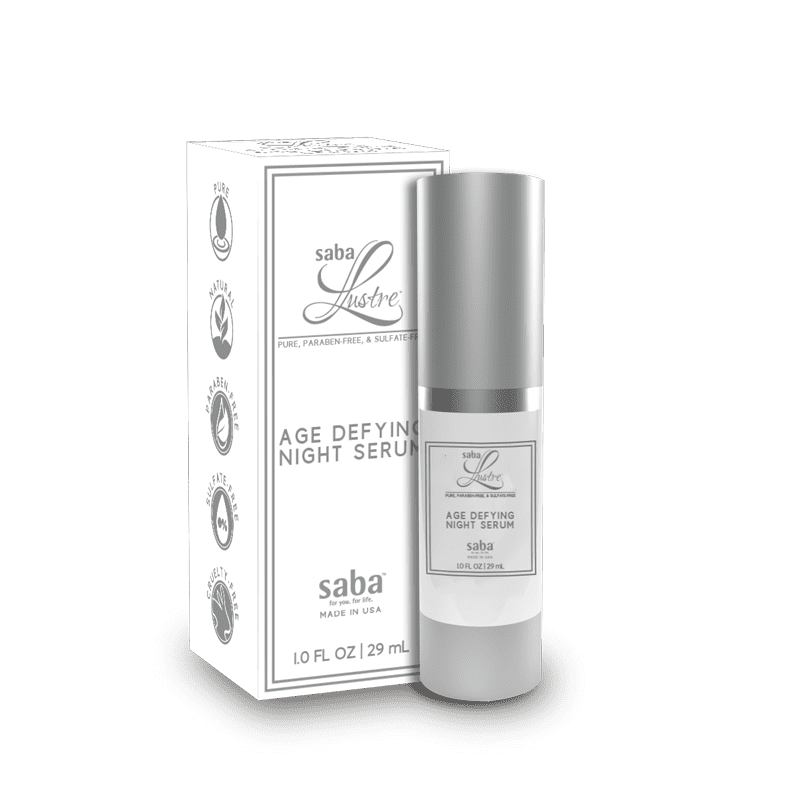 Saba Lustre Age Defying Night Serum – pure, paraben-free, and sulfate-free anti-aging serum made in the USA.