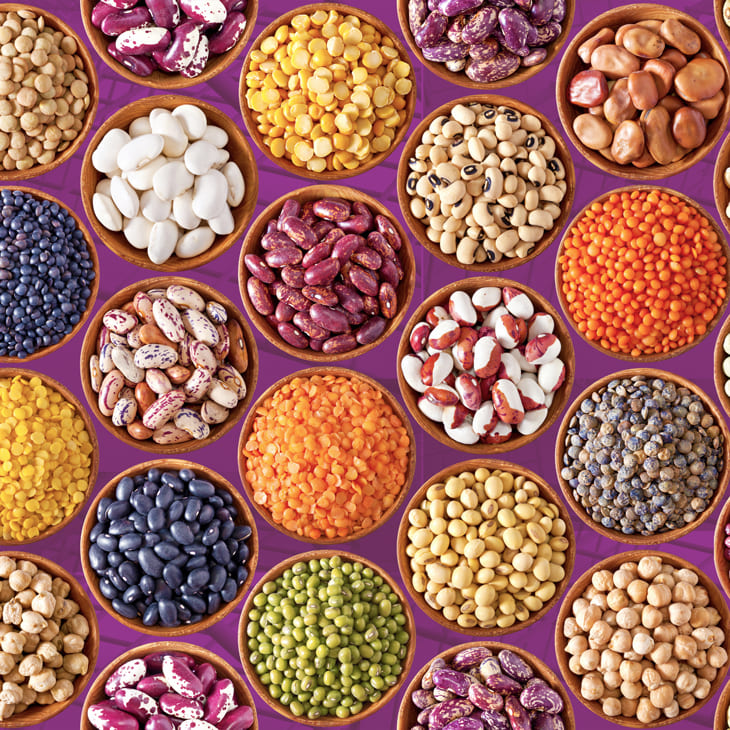 Assorted beans and lentils in bowls on a purple background